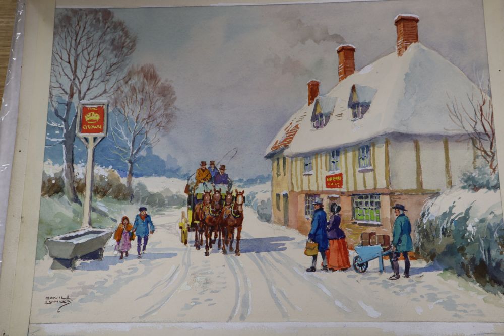 Savile Lumley (20th century), a set of four Victorian winter coaching scenes, 25.25 x 34.5cm
